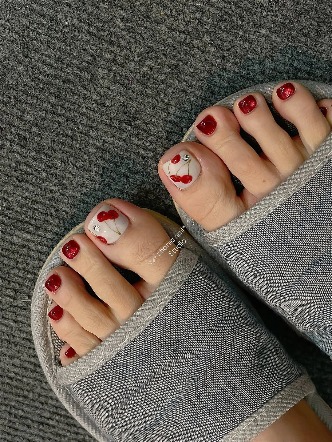 Fall pedicure ideas 2026 Cherry Accent Pedicure for a Sweet Seasonal Touch