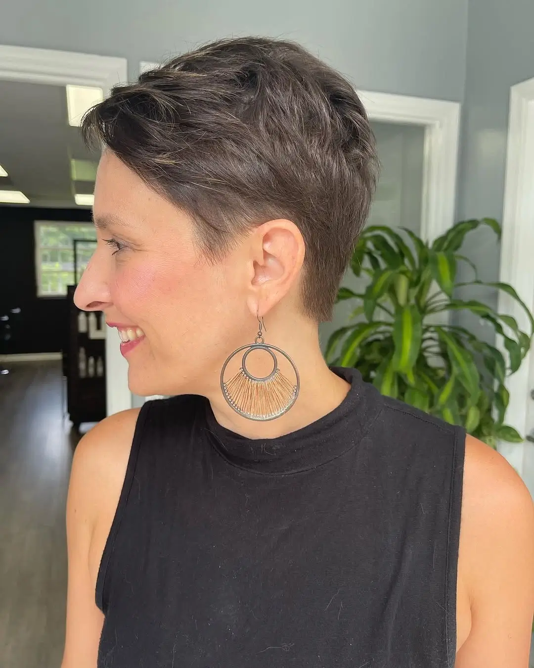 fall pixie haircut ideas 2026 Classic Brunette Pixie With Sleek Tapered Sides