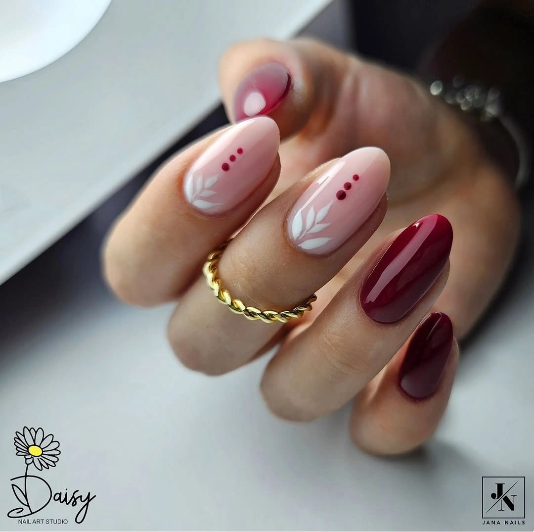 Fall red nails 2026 Soft Blush and Burgundy Botanical Nails