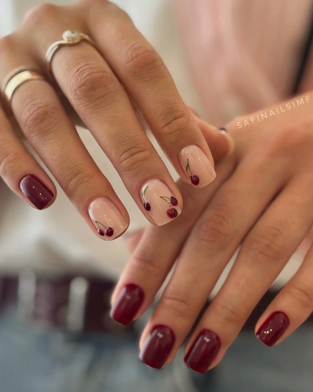 Fall red nails 2026 Minimal Cherry Accent Nails With Soft Nude Base