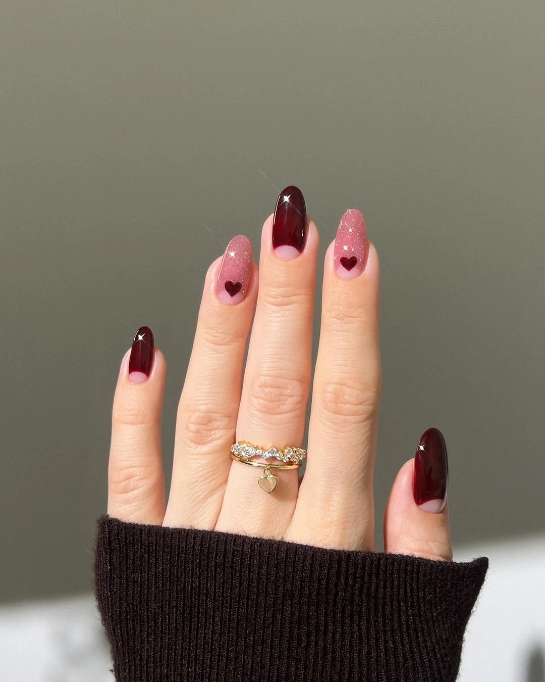 Fall red nails 2026 Velvet Burgundy Hearts With Sparkling Accent Nails