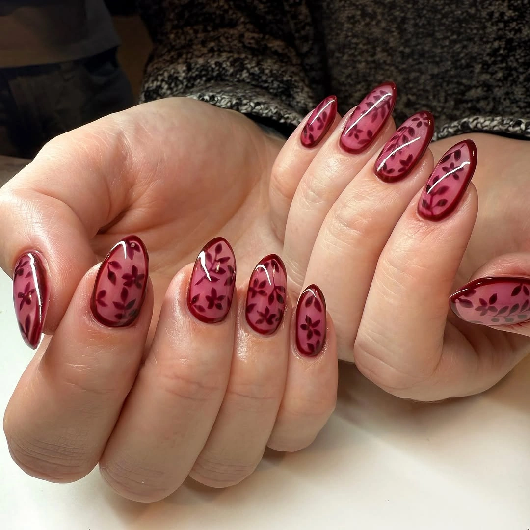 Fall red nails 2026 Sheer Burgundy Floral Glass Nails
