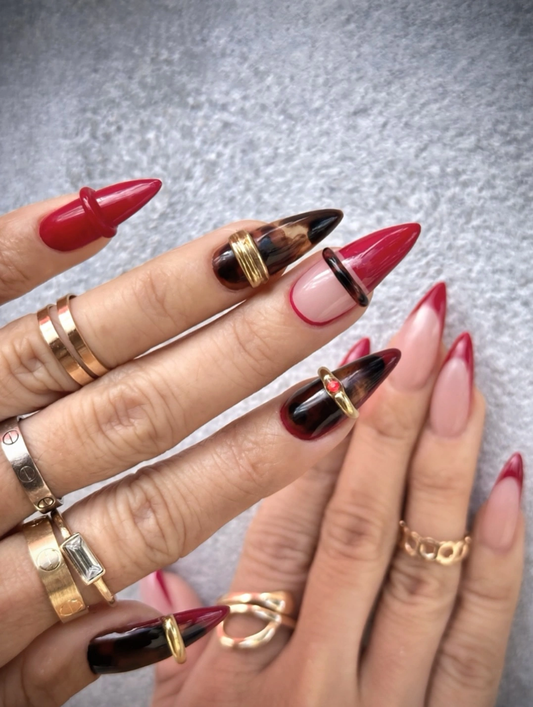 Fall red nails 2026 Luxury Burgundy French Tips With Tortoiseshell Accents