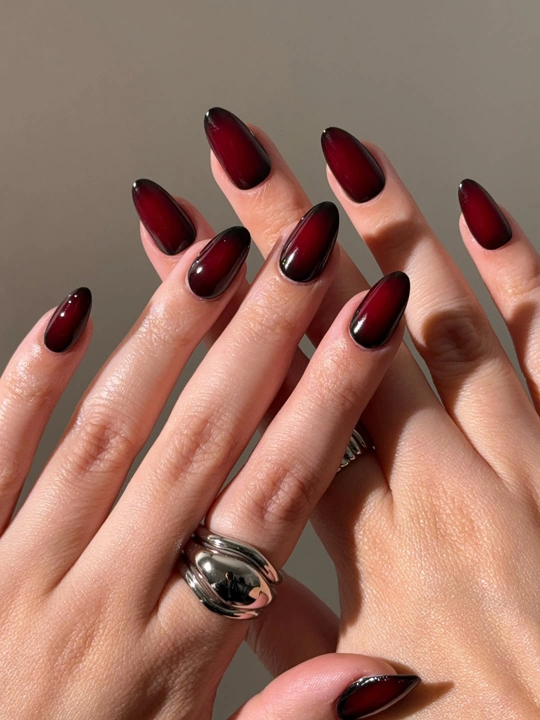 Fall red nails 2026 Dark Cherry Aura Nails With Smoky Gradient