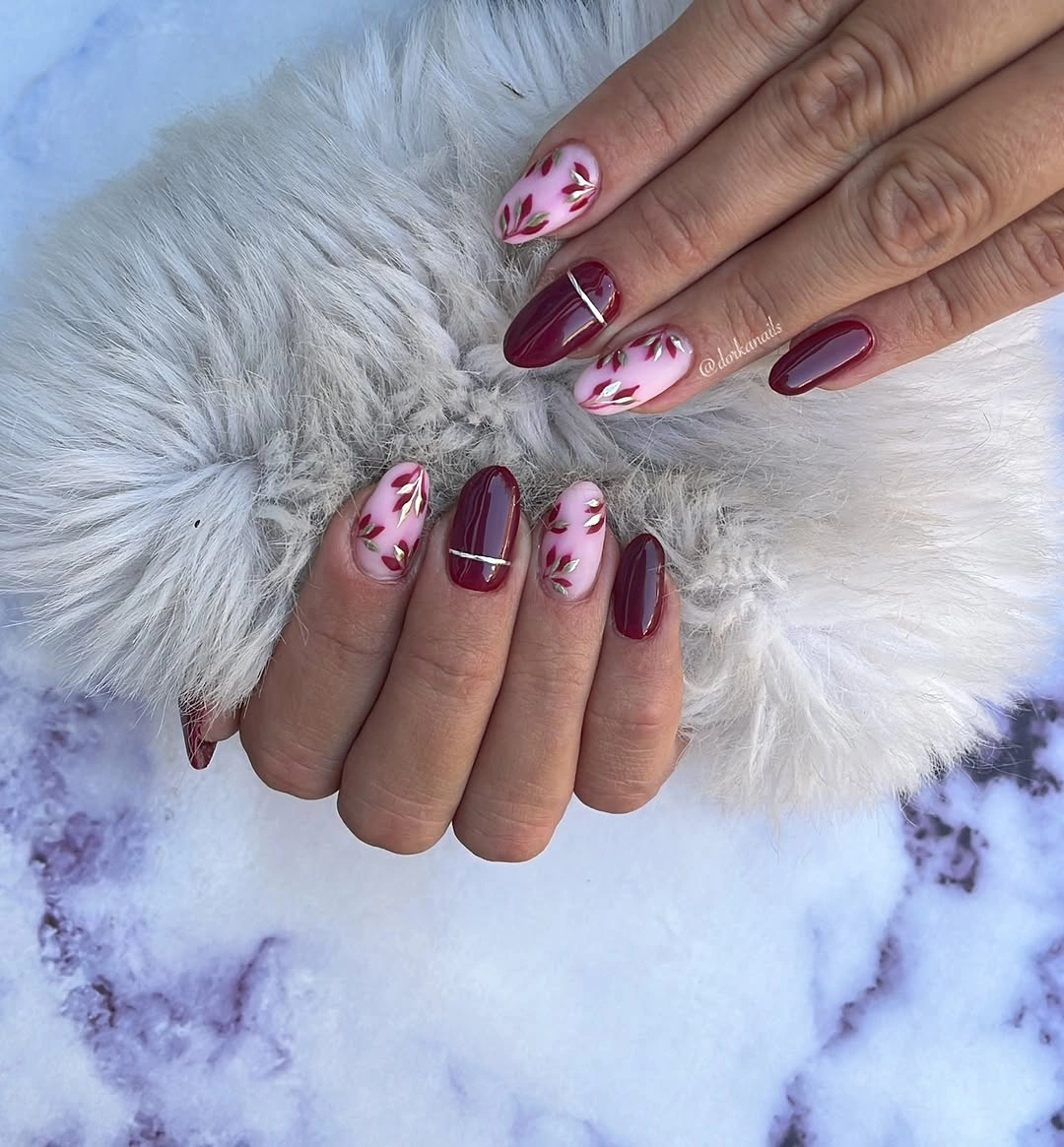 Fall red nails 2026 Wine Red Botanical Manicure for Cozy Autumn Days