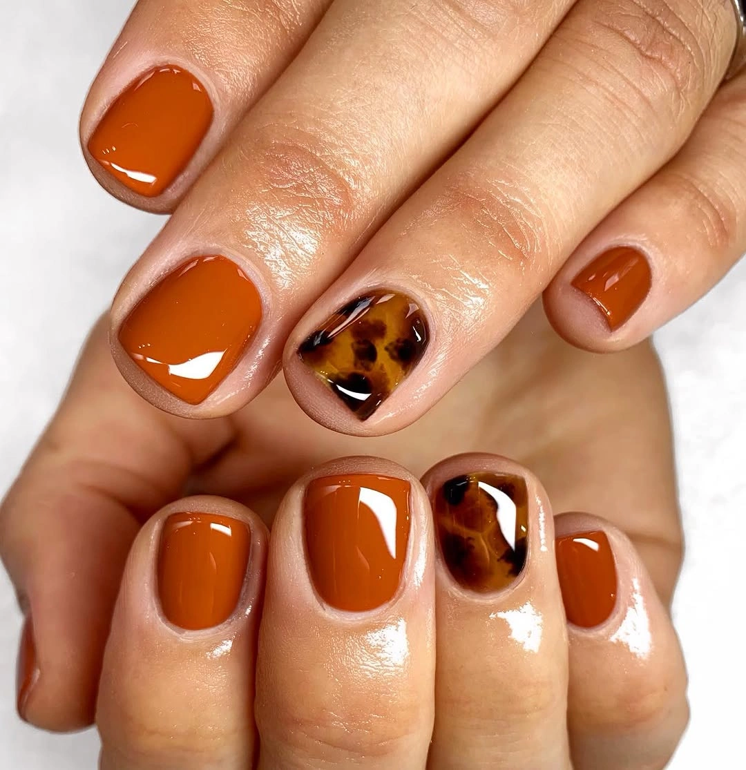 Fall short nails 2026 Burnt Orange And Tortoiseshell For Peak Autumn Energy