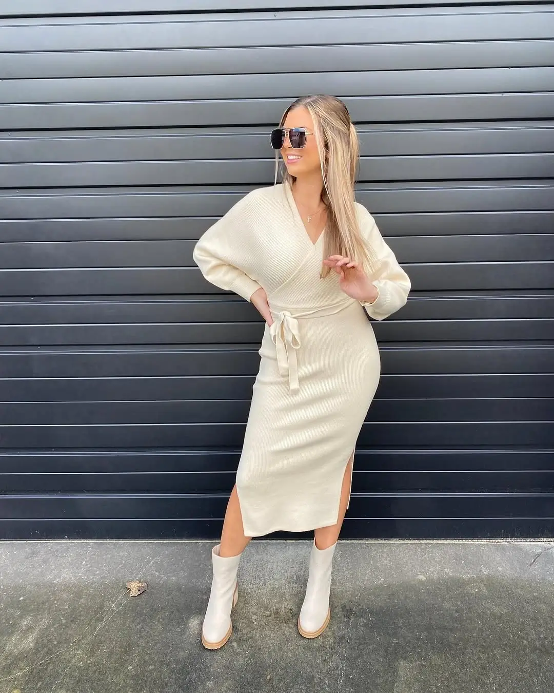 fall sweater dress outfits 2026 A Cream Wrap Sweater Dress With Modern Minimalist Appeal