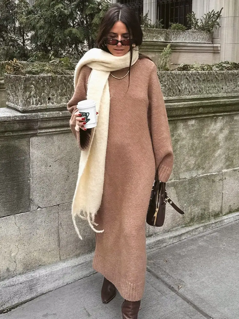 fall sweater dress outfits 2026 A Soft Beige Maxi Sweater Dress That Defines Cozy Autumn Elegance