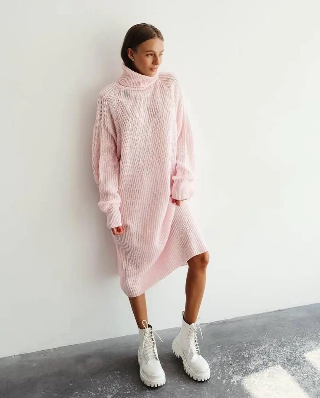 fall sweater dress outfits 2026 A Cozy Blush Sweater Dress With Chunky Lace Up Boots