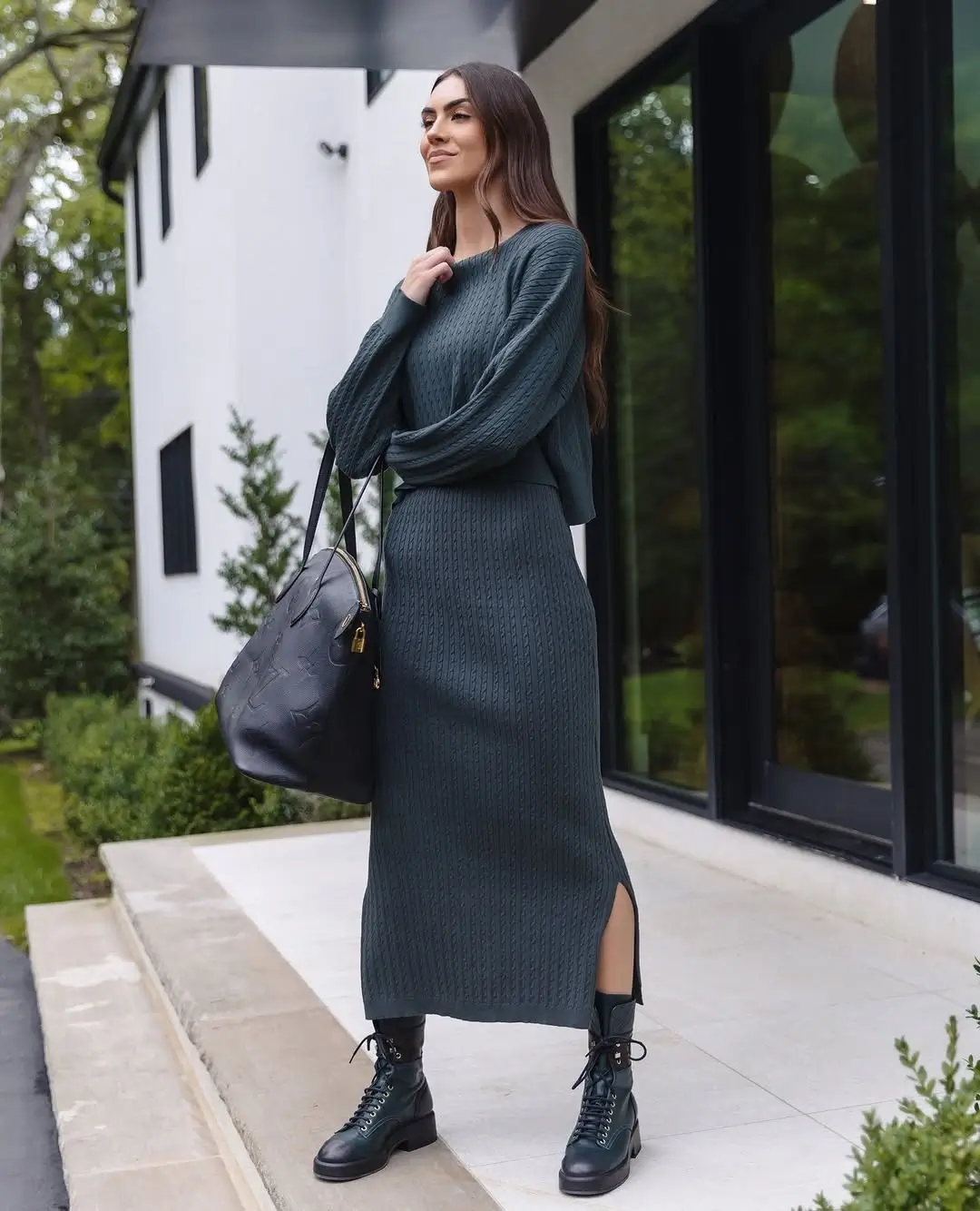 fall sweater dress outfits 2026 A Sophisticated Knit Maxi Styled With Chunky Boots