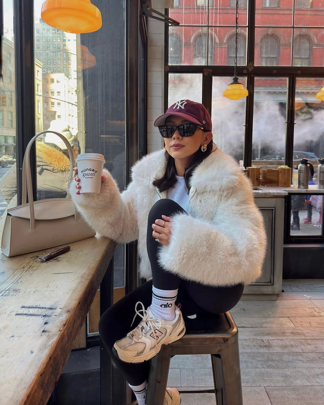 faux fur jacket Sporty Winter Layers With a Plush White Faux Fur Jacket