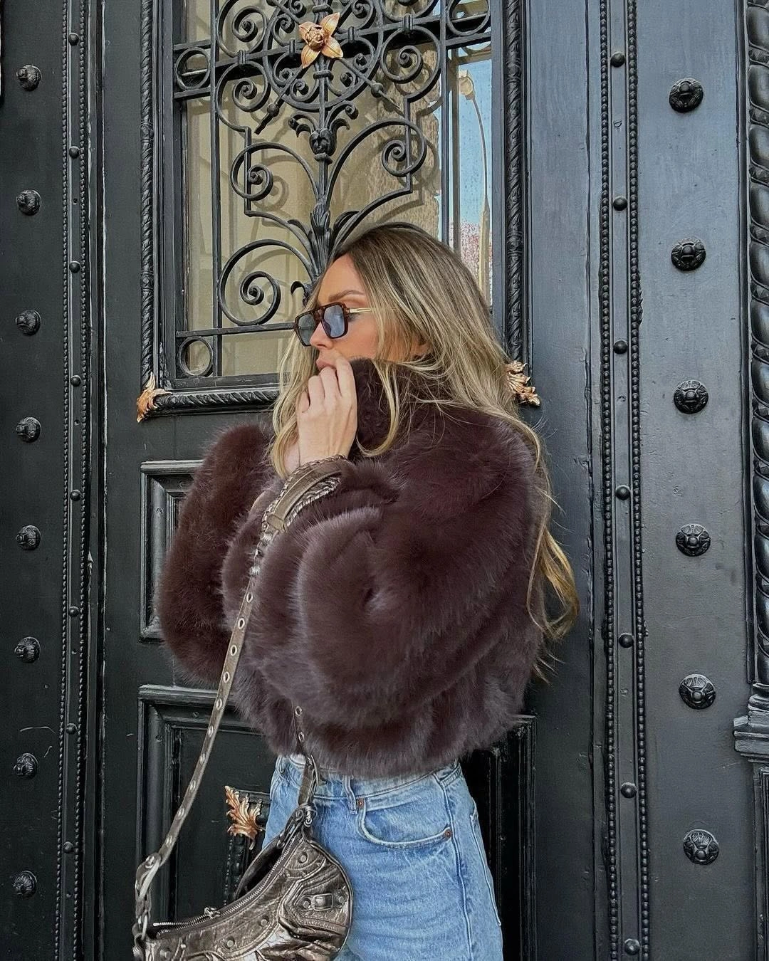 faux fur jacket Deep Burgundy Faux Fur With Modern Denim