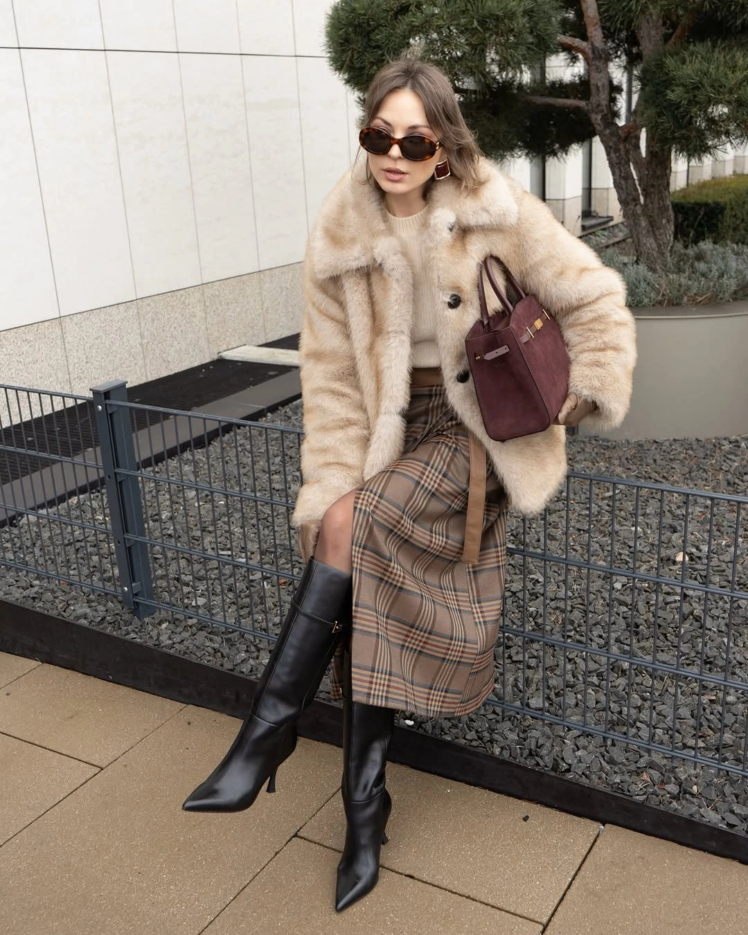 faux fur jacket Cream Faux Fur Paired With Timeless Plaid Elegance