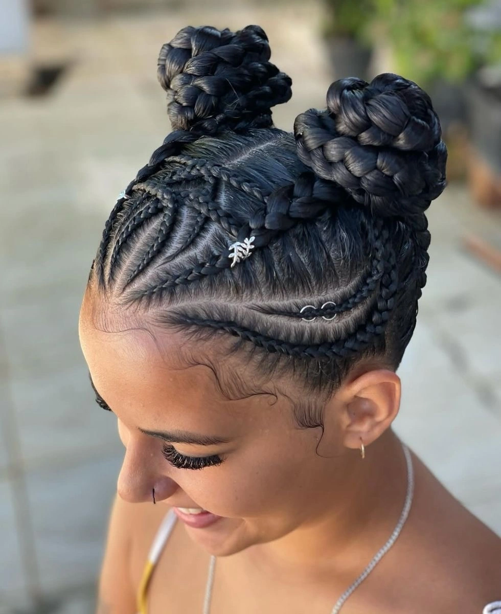 feed in braid hairstyles Double Space Buns with Intricate Feed In Braids