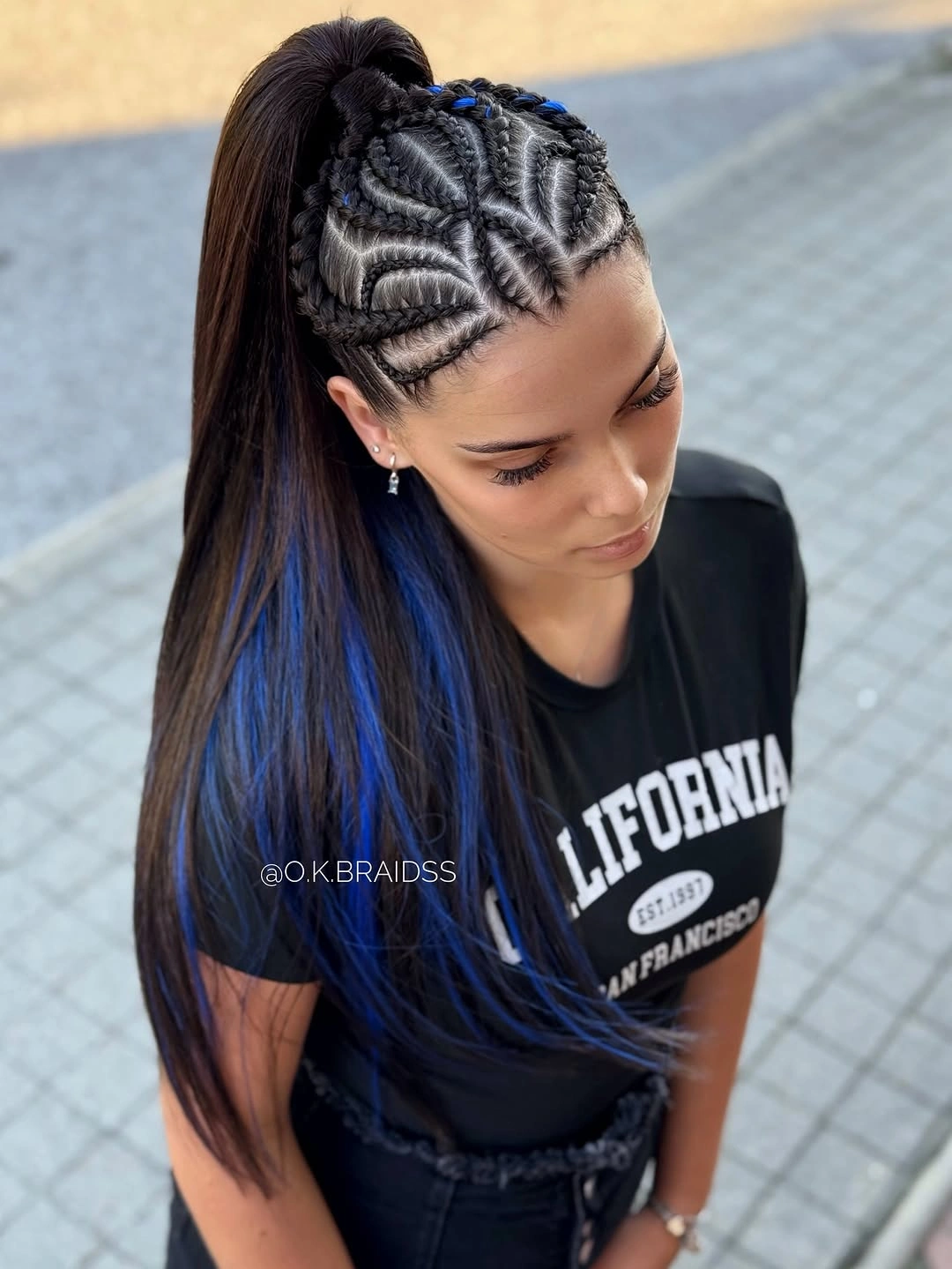 feed in braid hairstyles High Ponytail Feed In Braids with Blue Highlights