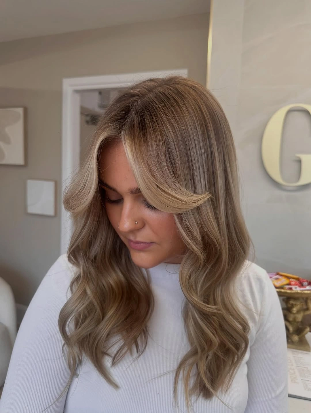 full head babylights blonde on brown hair Natural Champagne Waves With Effortless Soft Dimension