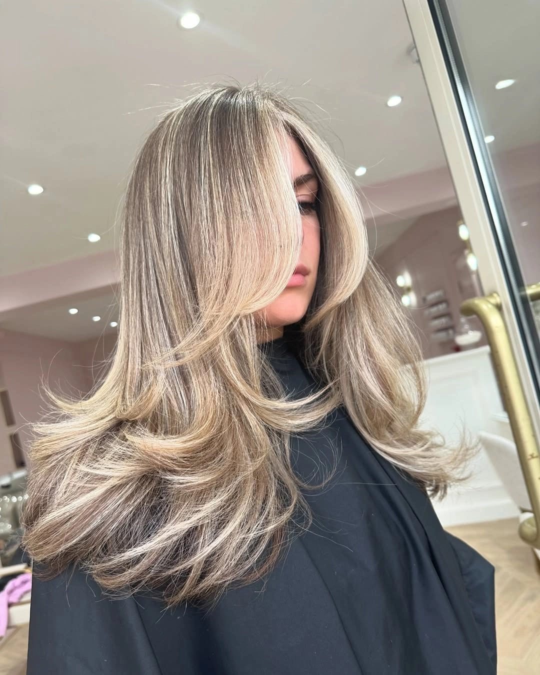 full head babylights blonde on brown hair Layered Blowout With Soft Ash Blonde Brightness