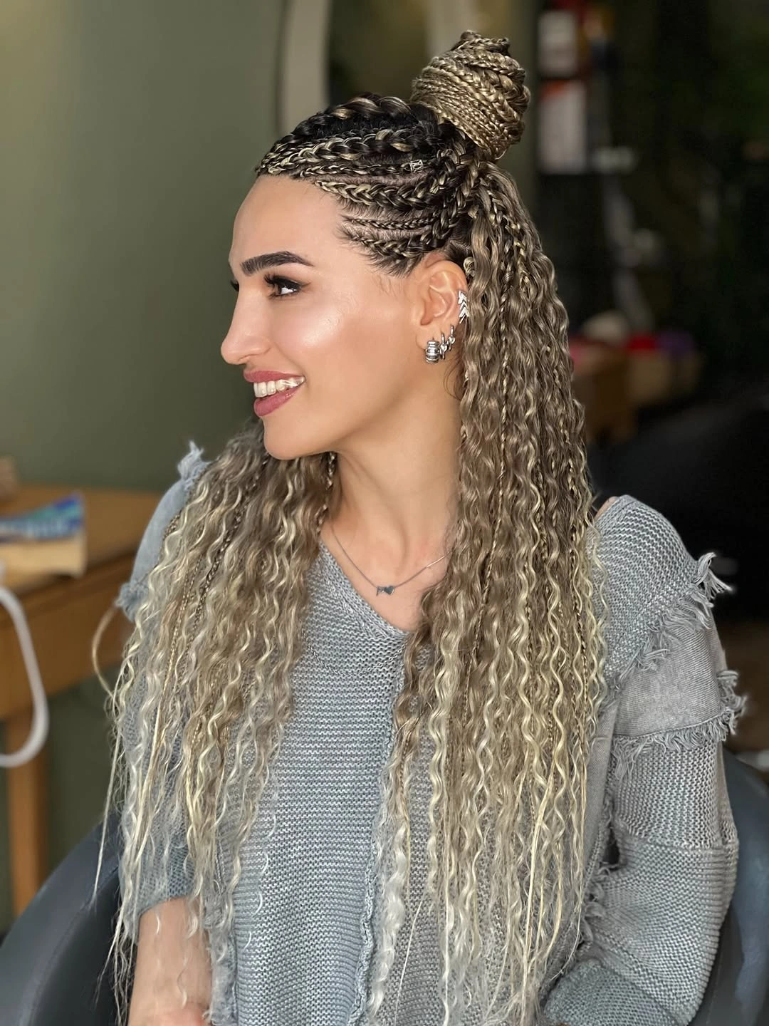 goddess braid Ash Blonde Goddess Braids With a Textured High Bun