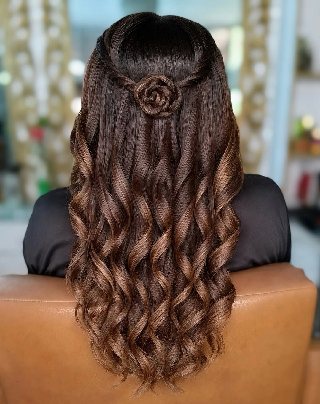 heatless curls hairstyle Classic Half-Up Waves with a Delicate Rose Twist
