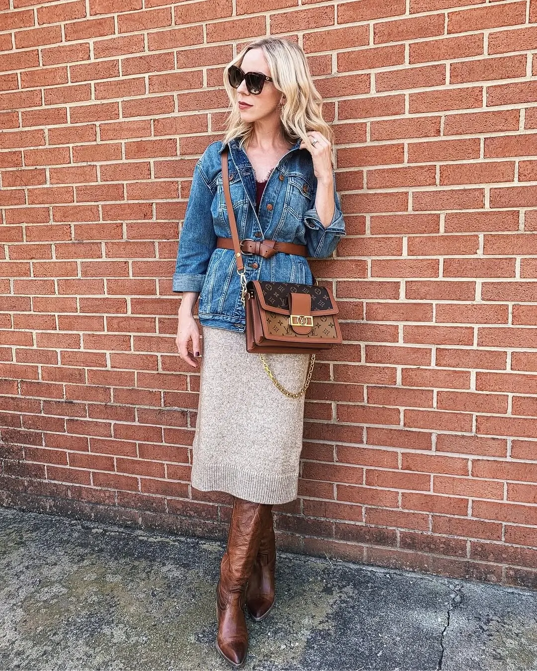 knit skirt outfits fall 2026 Denim Jacket and Beige Knit Skirt for Everyday Fall Style