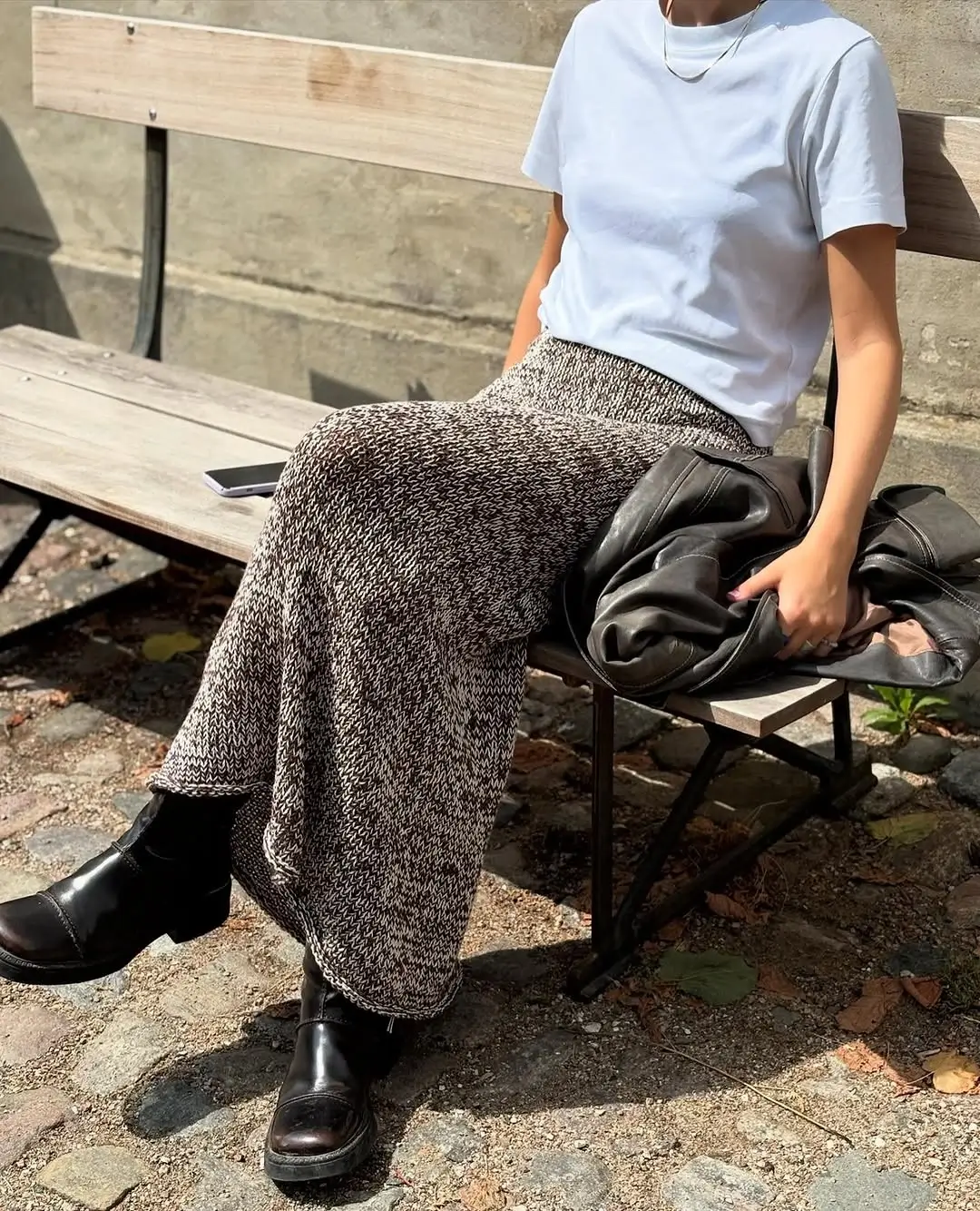 knit skirt outfits fall 2026 Relaxed Marled Knit Maxi with a Simple White Tee