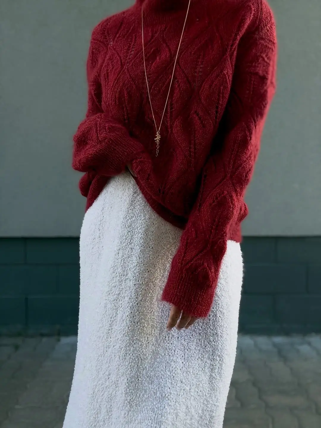 knit skirt outfits fall 2026 Rich Burgundy Sweater with a Soft White Knit Skirt