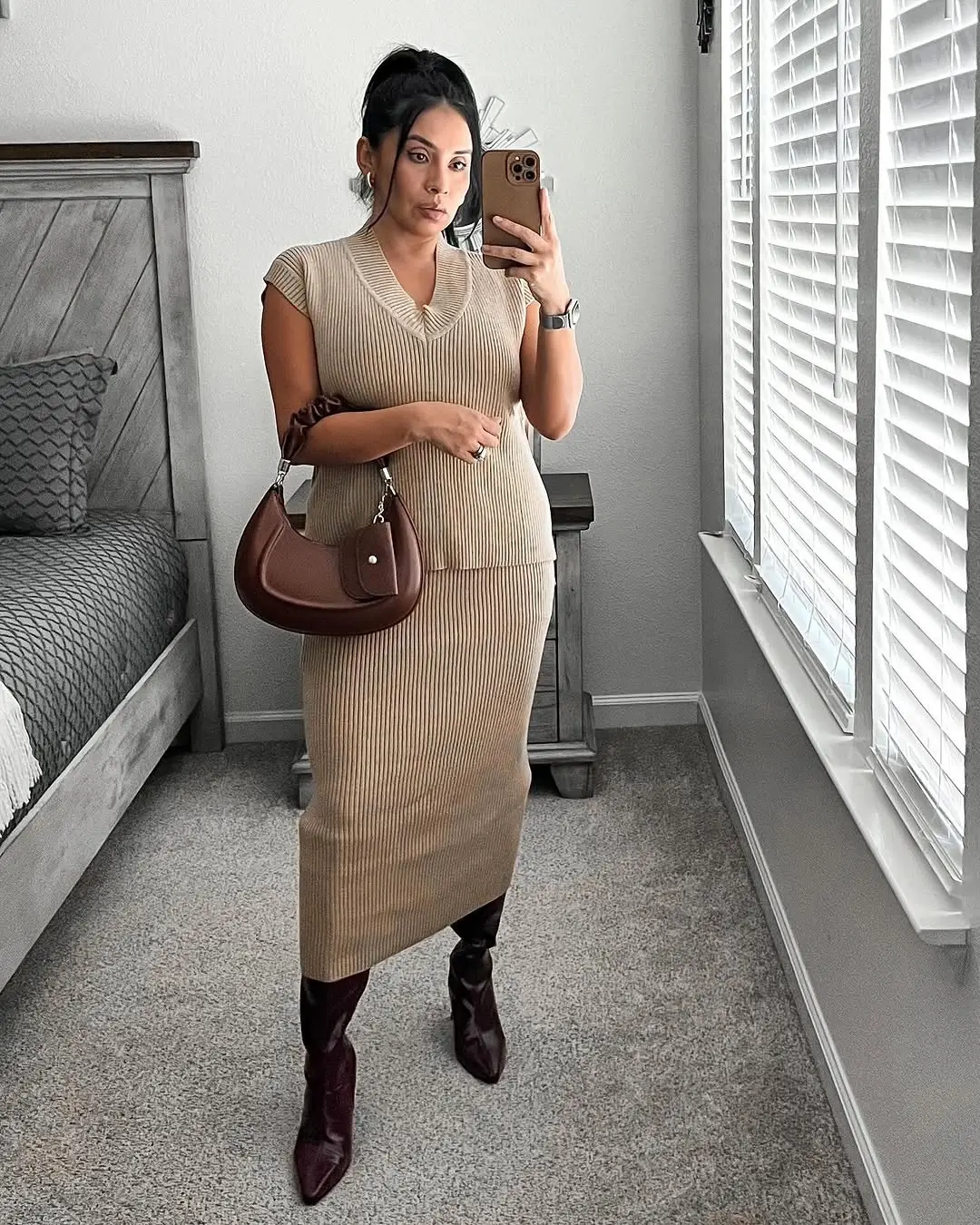 knit skirt outfits fall 2026 Elegant Beige Knit Outfit with Modern Maternity Comfort