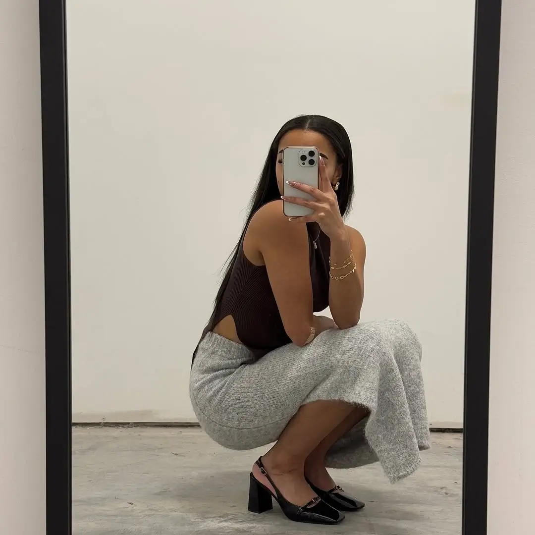 knit skirt outfits fall 2026 Minimalist Grey Knit Maxi with Modern Contrast