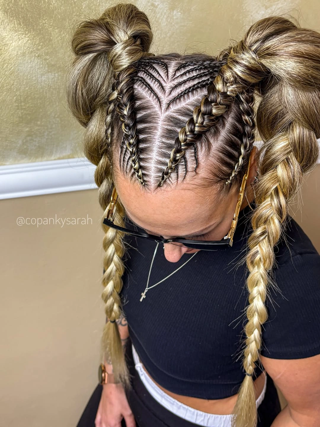 lemonade braid hairstyle Double Bun Lemonade Braids With Symmetrical Stitch Details