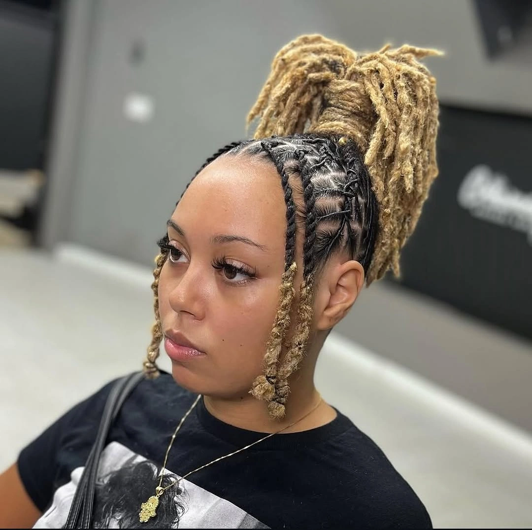 locs hairstyles for black women Blonde High Bun Locs With Braided Details