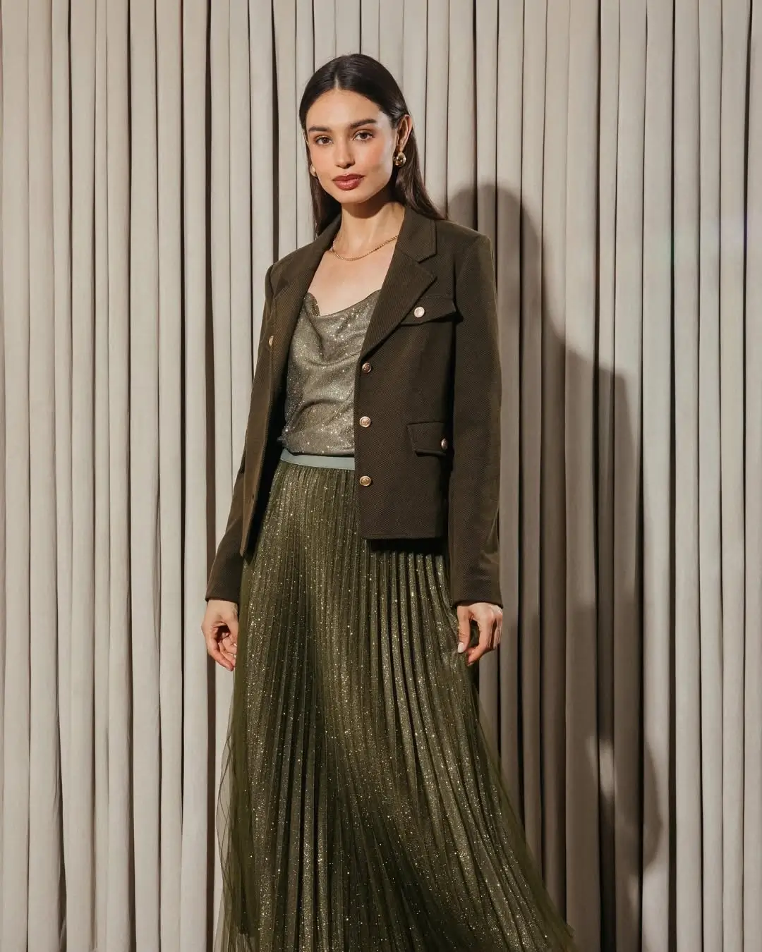 midi skirt fall outfit 2026 Olive Pleats with Tailored Layers for Evening Elegance