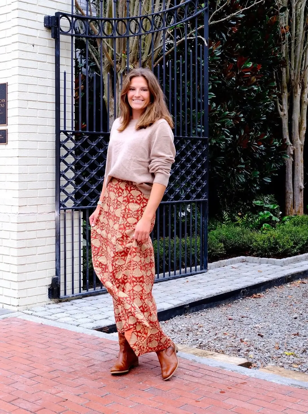 midi skirt fall outfit 2026 Warm Terracotta Prints for Everyday Fall Charm