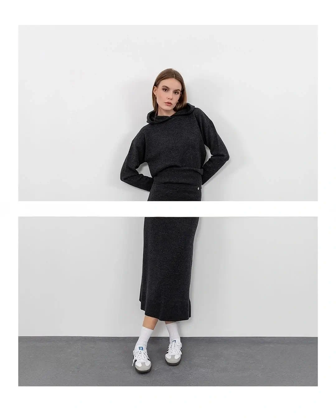 midi skirt fall outfit 2026 Modern Grey Knit Coordinates for Casual Days