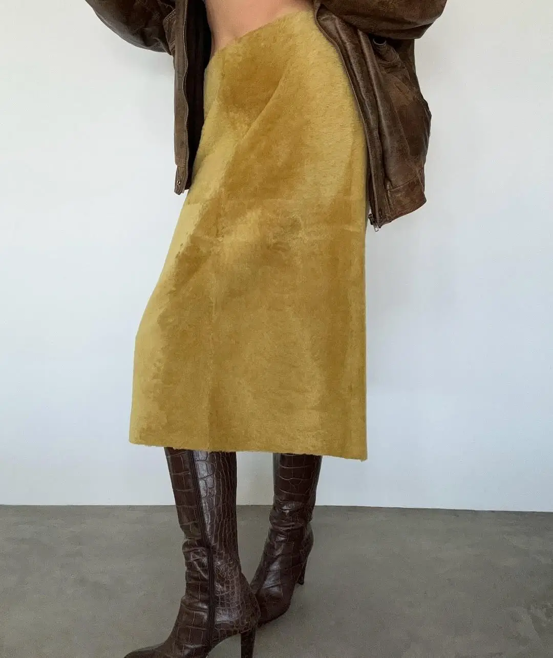 midi skirt fall outfit 2026 Golden Textures with Tall Chocolate Boots