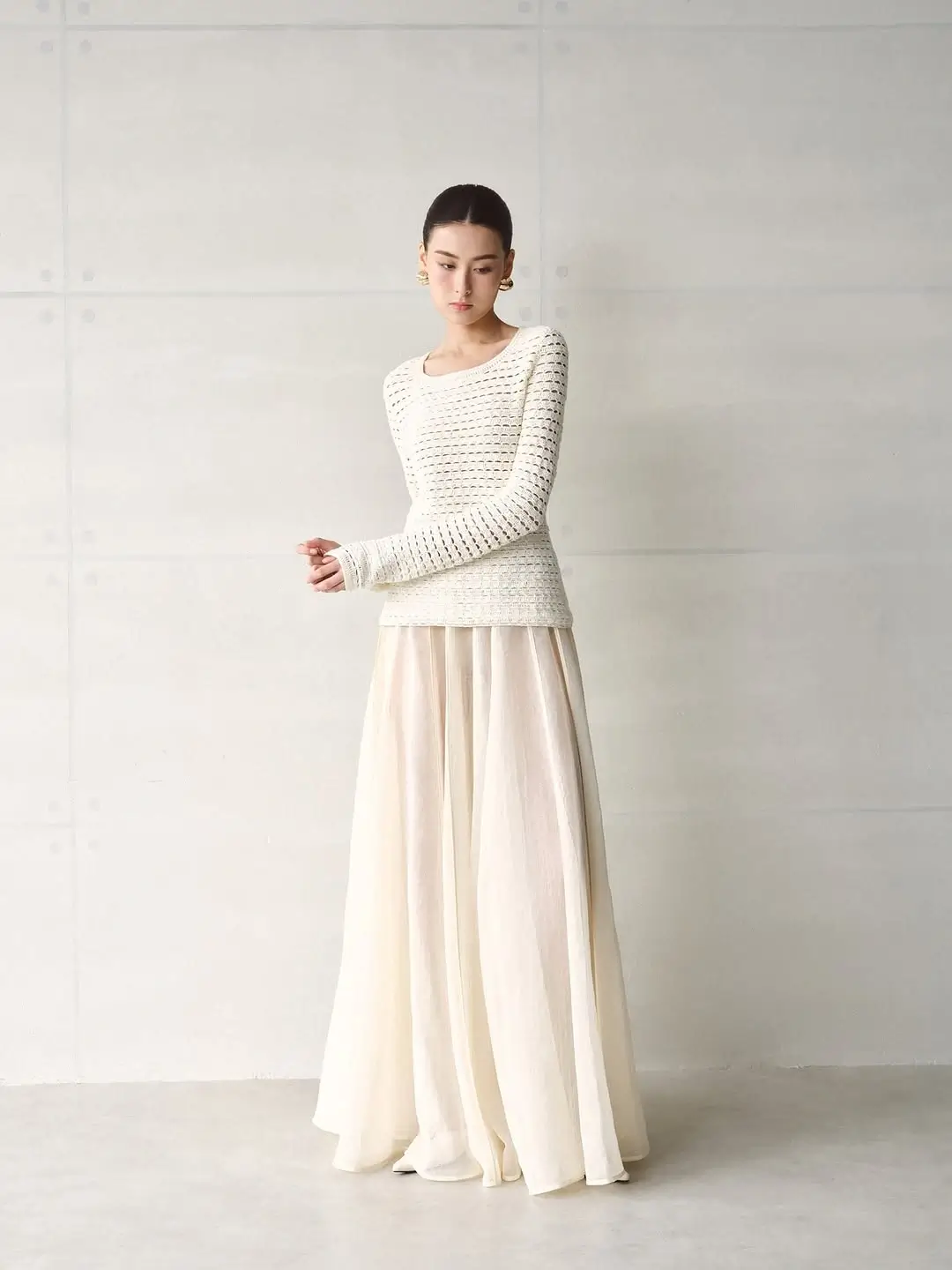 midi skirt fall outfit 2026 Flowing Cream Elegance with Soft Knit Layers