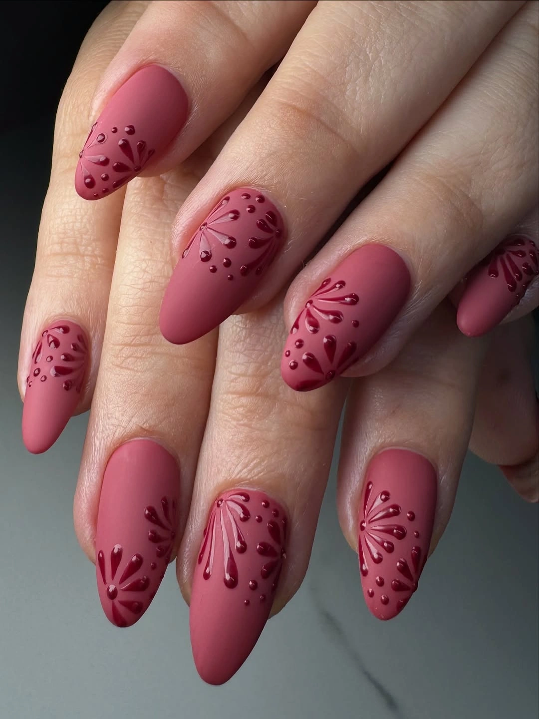 September Nail Art Ideas 2026 Matte Berry Floral Nails with Elegant 3D Details