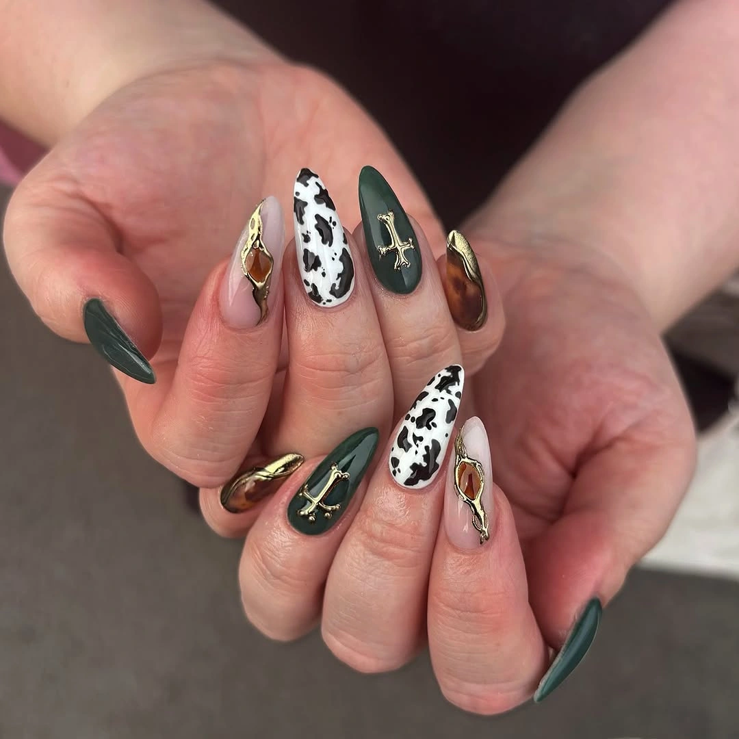 September Nail Art Ideas 2026 Western Luxe Nails with Emerald, Cow Print, and Gold Accents
