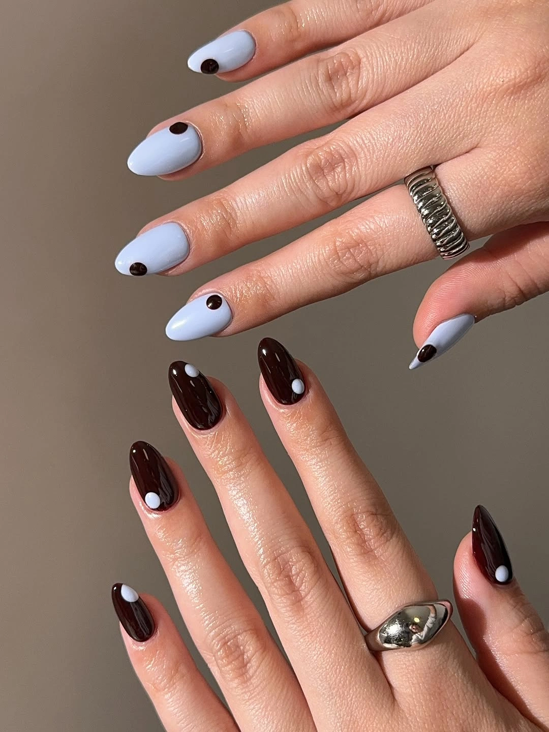 September nail designs 2026 Powder Blue and Espresso Dot Contrast