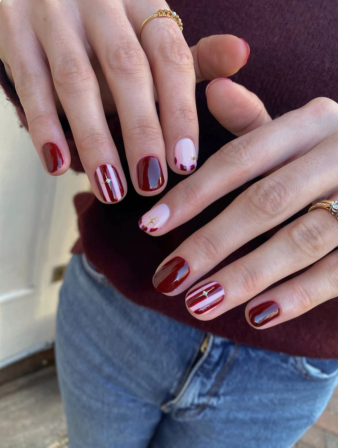 September nail designs 2026 Deep Burgundy Nails with Refined Gold Details