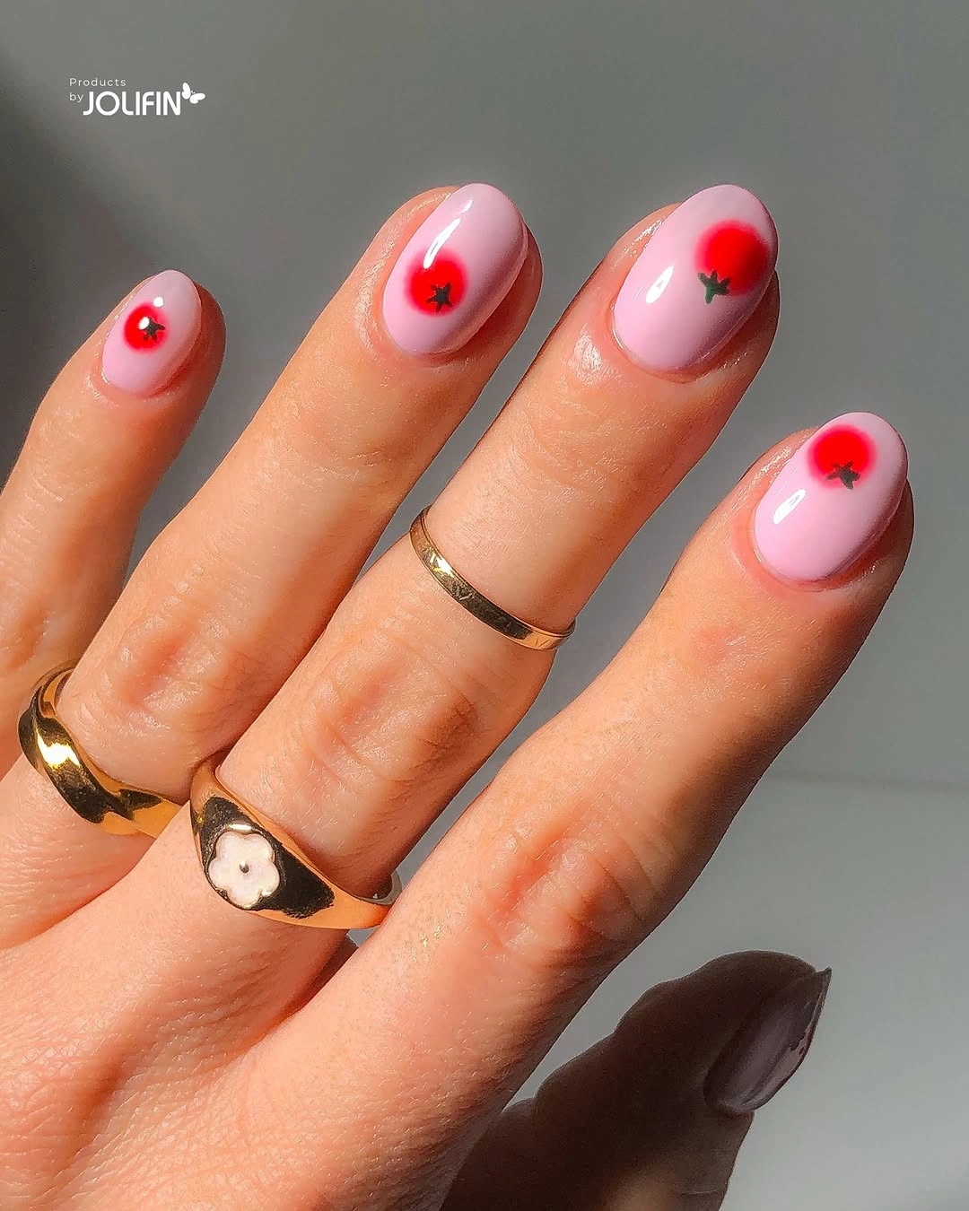 September nail designs 2026 Soft Pink Tomato Nails with a Playful Late Summer Twist