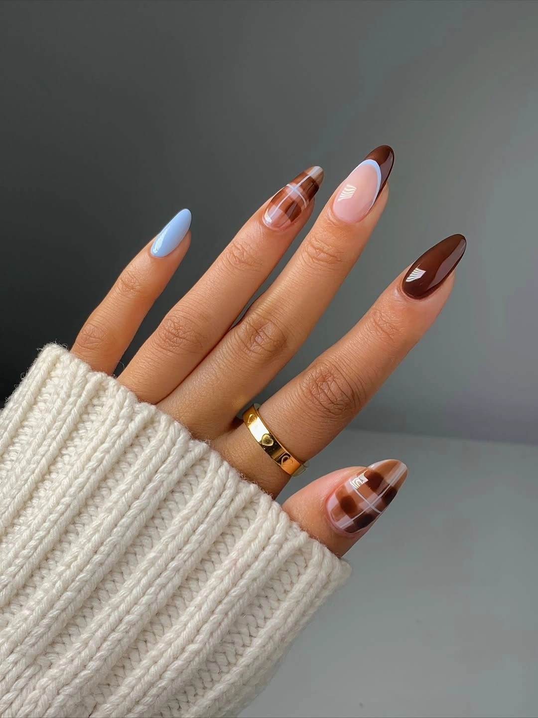 September nail designs 2026 Chocolate Plaid with a Fresh Blue Accent