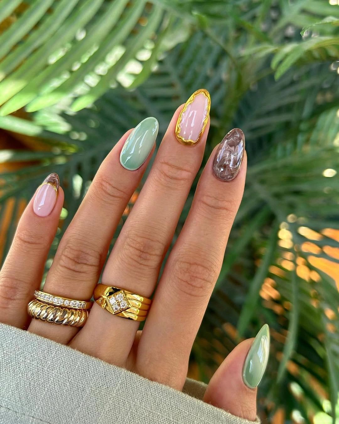 September nail designs 2026 Soft Sage Marble with Liquid Gold Accents