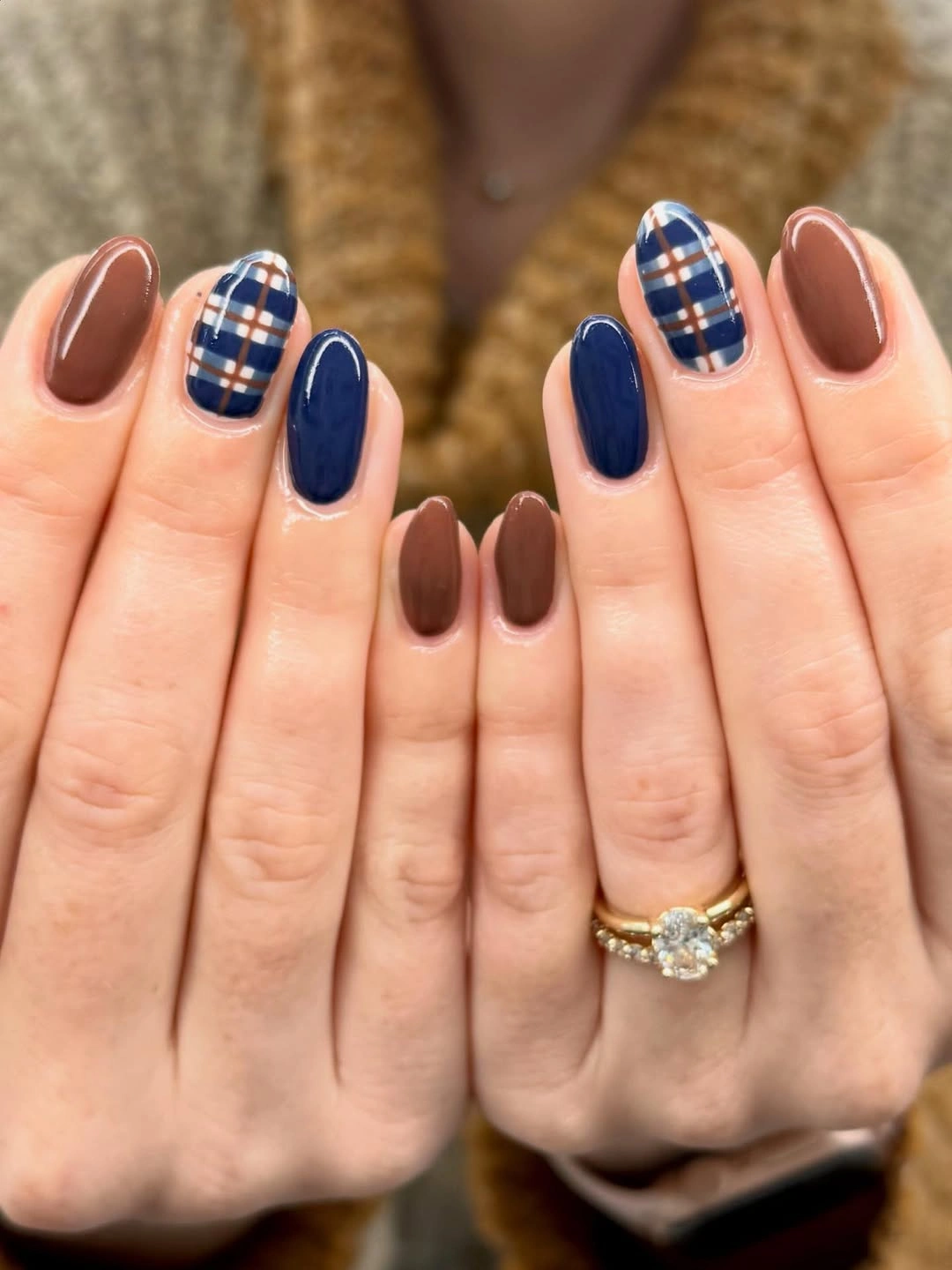 September nail designs 2026 Classic Navy Plaid with Cozy Autumn Charm