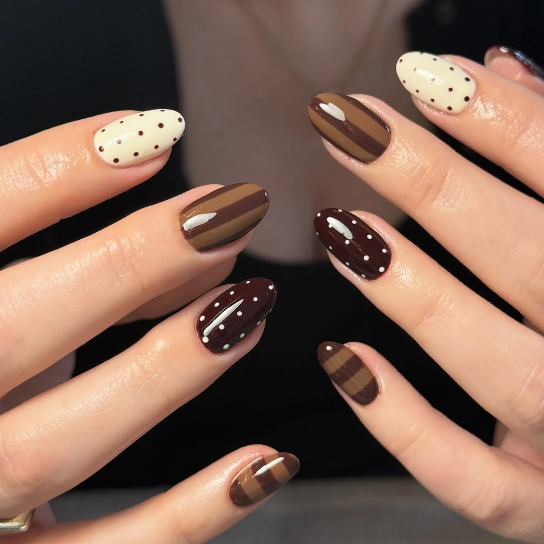 September nail designs 2026 Chocolate Dot and Plaid Nails That Feel Cozy Instantly