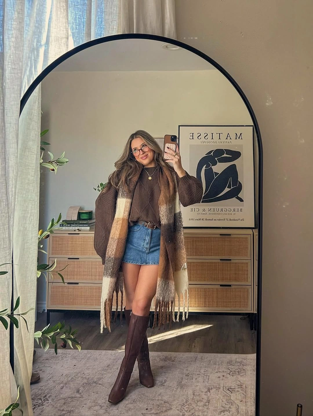 September outfits ideas 2026 Cozy Chocolate Layers With a Denim Mini