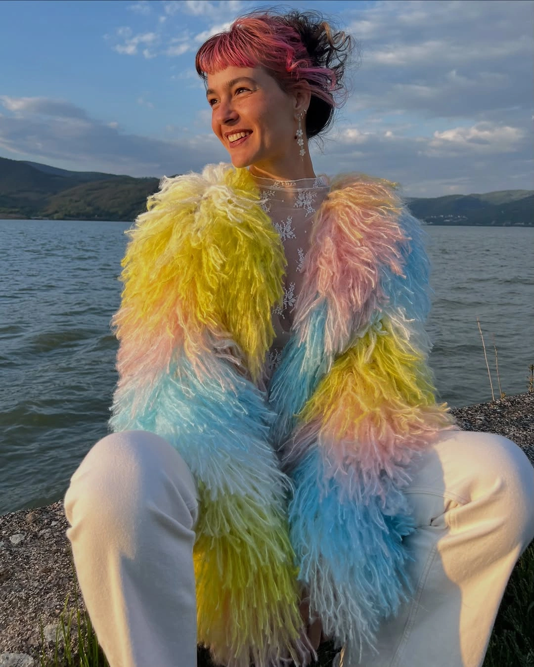 shaggy jacket Soft White Fur Meets Rich Copper Hair
