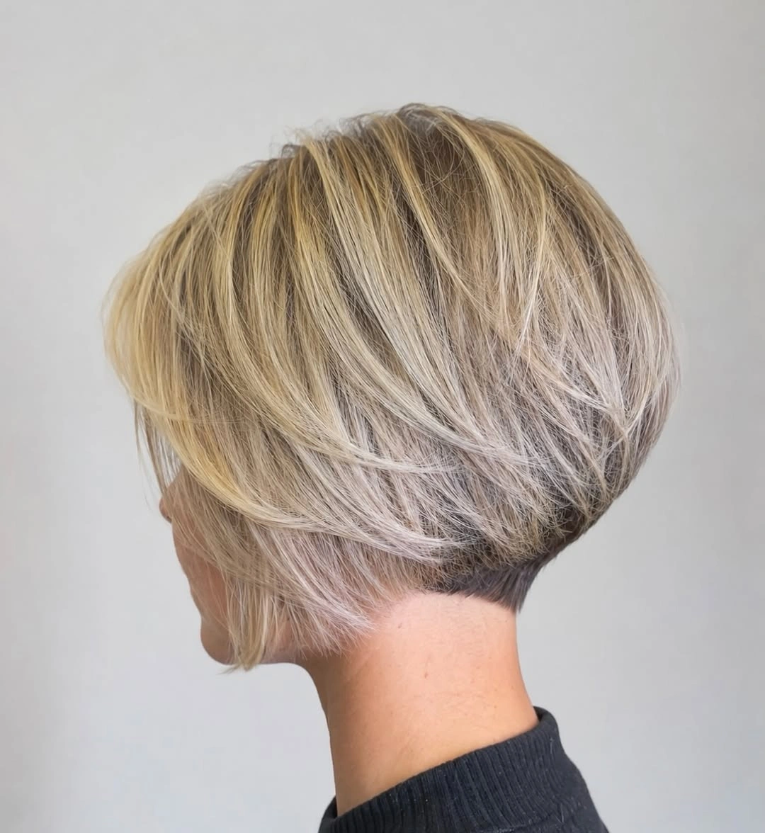 short bobbed hairstyle Feathered Blonde Stacked Bob With Soft Layers