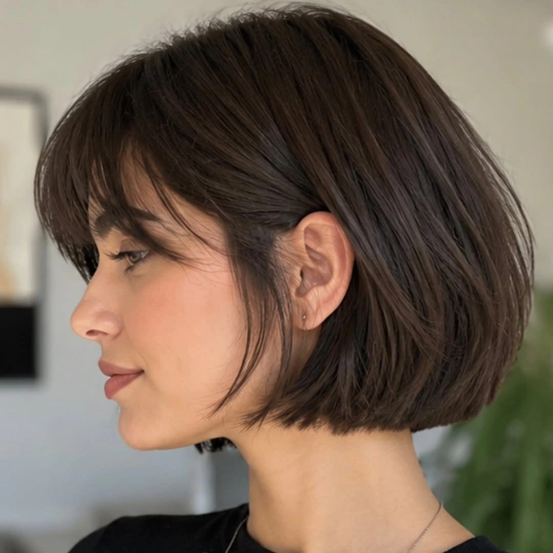 short bobbed hairstyle Minimalist Rounded Bob With Wispy Bangs