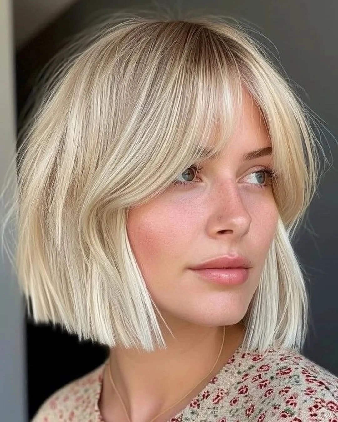 short bobbed hairstyle Bright Platinum Bob With Curtain Fringe