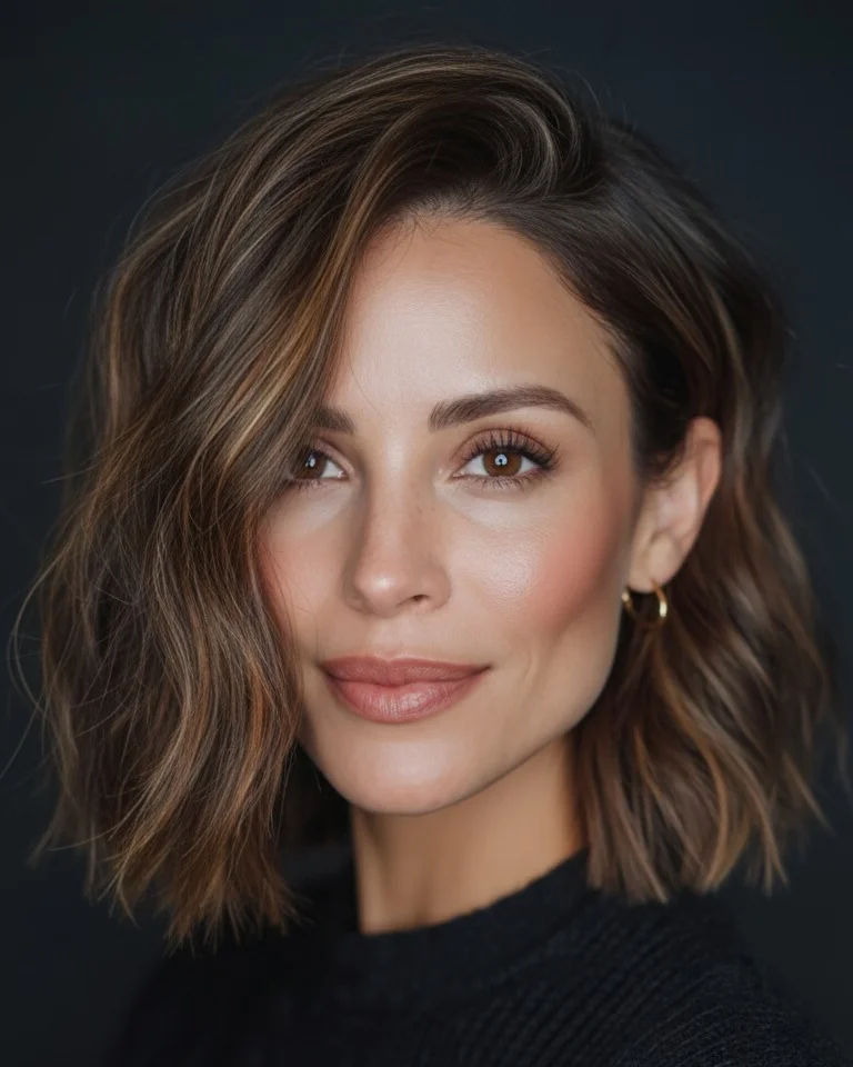 short bobbed hairstyle Soft Wavy Bob With Dimensional Brunette Color